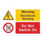 iSigns Warning Signs (Electrician Working Do Not Switch On), A2 Caution Sign, Durable PVC Health and Safety Signs, 150x225mm Men At Work Sign, British HSE Standards Approved