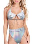Rave Outfits for Women - EDC Sexy Festival Underboob Cutout Top Disco Silver Chain High Cut Bottom Nightclub Bikini, Silver Holographic, Medium