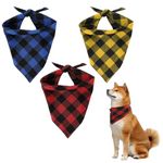 Dimeho 3 Pcs Buffalo Plaid Dog Bandanas, Dog Triangle Bib Kerchief for Birthday Christmas Soft Pet Scarf Adjustable Red Yellow Blue Black Cat Dog Handkerchief Accessories for Medium Large Dogs (L)