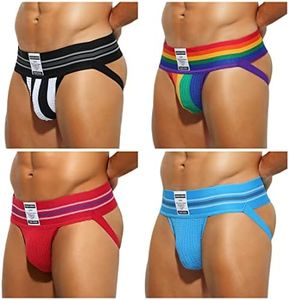 Arjen Kroos Men's Jock Strap High Elastic Jockstrap Underwear Breathable Athletic Supporter with Wide Waistband,BLACK/RED/RAINBOW/BLUE(4-PACK)-AK2149,X-Large