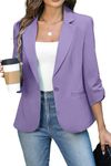 ELLEVEN Women's Ruched 3/4 Sleeve Blazers, Lightweight Slim Fit Suits with Padded Shoulder for Business Casual, Purple, X-Small