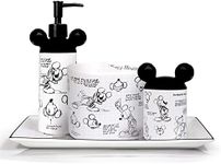 Disney 4 Piece Bathroom Set Accessories | Disney Mickey Mouse Home Decorations | Cute Ceramic Housewarming Gifts | Lotion Pump | Tray | Toothbrush Holder | Cotton Ball Holder Jar (White)