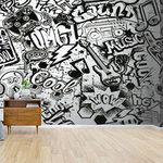 Wallpaper Canvas Print Abstract seamless black and white comics graffiti pattern Teenagers Self Adhesive Peel & Stick Wallpaper Wall Mural Wall Decal Wall Sticker Poster Home Craft for Living Room