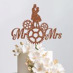 Trimming Shop Mr. and Mrs. Steampunk with Tools Wedding Glitter Cake Toppers for Wedding, Engagement, Anniversary, Bridal Shower, Bride & Groom Party Cake Decoration - Brown