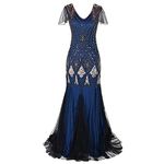 Women Vintage 1920s Gatsby Flapper Evening Party Dress V Neck Art Deco Sequins Mermaid Hem Cocktail Formal Long Maxi Gown, Blue, Large