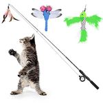 Pawaboo Cat Feather Toys, 4 Pack Interactive Cat feather Teaser Wand Toys, Retractable Fishing Pole Wand Catcher Exerciser with Refill Fish, Dragonfly Worm with Bells, Fun Cat Kitten Kitty Playing Toy