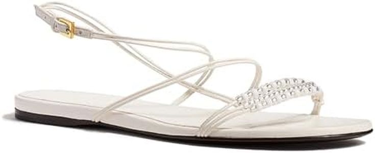 QIV White Strappy Sandals for Women Open Toe Beaded Boho Cute Flat Sandals Round Toe Lace up Ankle Strap Summer Beach Vacation Dressy Flats Size 6