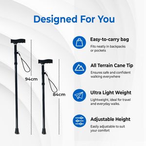Life Healthcare Folding Walking Stick – Adjustable Lightweight Aluminium Cane, Non-Slip Tip, Ergonomic Handle, Travel-Friendly, Black