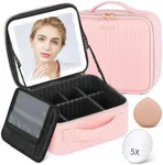Aiborke Travel Makeup Bag with Led Mirror Makeup Case with Lighted Mirror Cosmetic Organizer bag with Adjustable Dividers and 5X Magnifying Mirror Gift for Women (Pink)