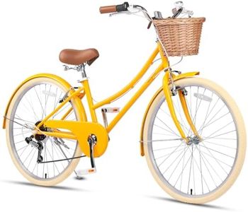 Glerc 26 Inch Beach Cruiser Bike, 6-Speed Hybrid City Bicycle for Girls Youth and Over 6 Years Old, Missy Bike with Wicker Basket & Lightweight, Yellow
