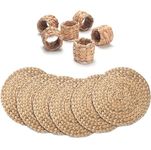 Rustic 12 Pieces Natural Handmade Placemats & Napkin Rings Set (6+6) by Bubblemint | 30cm Boho Style Water Hyacinth Woven Wicker Seagrass Jute Dining Table Mat