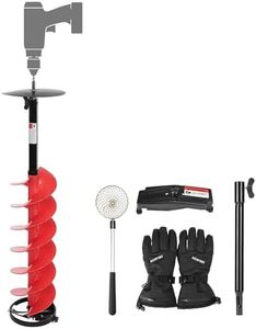 DEERFAMY Ice Fishing Auger, 8 Inch Diameter Nylon Ice Auger, 45 Inch Long Cordless Ice Augers for Ice Fishing, Auger Drill with 14 Inch Extension, Top Plate, Ice Scoop, Gloves, Red