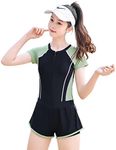 MEILONGER Girls Swimsuits, Kids One-Piece Short Sleeve Swimwear Rashguard Bathing Suits Quick Dry Dress Swim Shirts Size 8,10-12,14-16(Black Green,8)