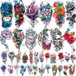 77 Sheets Flowers Temporary Tattoo, 17 Sheets Half Arm Rose Butterfly Snake Skull Fake Tattoos for Adults Arm Neck, 60 Sheets Tiny Realistic Temporary Tattoos Waterproof for Women Girls and Kids