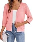 Zeagoo Women's Summer Cropped Cardigan 3/4 Sleeve Crochet Lightweight Sweater Cardigans V Neck Button up Knit Shrug