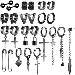 Black Cross Dangle Earrings for Men, 25 Pieces Stainless Steel Long Chain Piercing Hoop Earrings Set (Black)