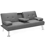 DORTALA Sofa Bed, Futon Sofa w/ Iron Leg, Adjustable Angle Function, Removable Armrests, Foldable Cup Holders, Breathable Linen Fabric, High-resilience Sponge, Ideal for Studio Living Room Apartment, Light Gray