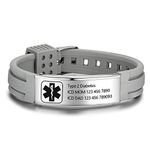 Free Engraving 9 Inches Silicone Adjustable Medical Bracelets Emergency ID Bracelets For Men Women Kids Stainless Steel Rubber Alert Bracelets (Grey)