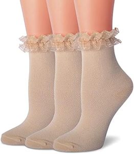 TZYDMN Women Ruffle Socks, Lace Socks Lolita Kawaii Socks Girls Cute Frilly Sock 3 Pairs (Khaki)