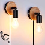 Lightsjoy 2 Pack Industrial Wall Lights with Plug Indoor Wood Wall Lamp with Switch 360° Rotatable E27 Base Wall Sconce Lighting Fixture for Bedroom Living Room Kitchen Restaurant Lounge - Wooden