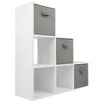 Charles Jacobs White 3 Level 6 Cube Shelving Unit + 3 Grey Fabric Storage Drawers