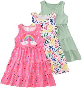 Jolyshlid Girl 3 Packs Summer Dress Sleeveless A Line Swing Tiered Dresses Cute Sundress GreenPink4-5Y