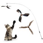 cobee Cat Wand Toys, Interactive Cat Toys with 2 Feather Refills, Cat Feather Propeller Wand Toy with Bell, Cat Feather Toys Replacement Refills, Indoor Cat String Toy for Kitten Training(Piebald)