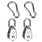 2PCS M20 304 Stainless Steel Single Pulley Block and 2PCS M7 Spring Snap Hook, Wire Rope Crane Pulley Block Hanging Wire Towing Wheel (M20)