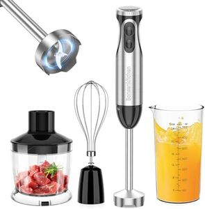 Immersion Handheld Blender, Bonsenkitchen Stainless Steel Hand Stick Blender, 20-Speed and Turbo, 4-In-1 Hand Blender with Egg Whisk, 24oz Beaker & 17oz Chopper Bowl for Smoothies, Puree, Baby Food