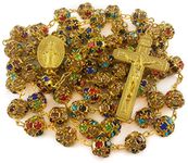 Nazareth Store Colorful Crystal Beads Rosary Necklace Catholic Gold Beaded Chaplet Miraculous Medal & Large Cross Crucifix