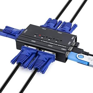 Conmutador KVM de 4 Puertos, VGA USB Switch con 4 Cables KVM, para 4 Dos Ordenador o Portátil, Raton y Teclado, Monitor, Impresora, Escáner