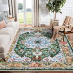 U'Artlines Boho Vintage Area Rug 6x9 Machine Washable Low Pile Soft Floor Carpet Non Slip Non Shedding Accent Rug for Living Room Bedroom Entryway Dining Room Office Green