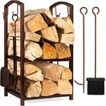 Best Choice Products 5-Piece Indoor Outdoor Wrought Iron Firewood Log Storage Rack Holder Tools Set for Fireplace, Fire Pit, Stove w/Hook, Broom, Shovel, Tongs - Bronze