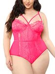 Kaei&Shi Plus Size Teddy Lingerie for Women,Double Strap Floral Lace Bodysuit,Sexy Eyelash One Piece Body Suit Boudoir Hot Pink 3X-Large