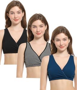 CAKYE Nursing Bras for Breastfeeding Maternity Sleep Bra Pregnancy Cotton Bralette, A1-black+stripe+atrovirens/3pcs, Medium