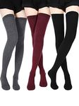 SATINIOR Extra Long Socks Thigh High Cotton Socks Extra Long Boot Stockings for Girls Women (Black, Dark Grey, Wine Red, 3)