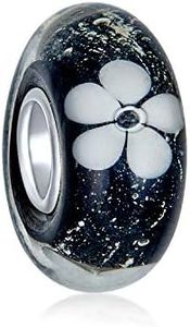 Murano Glass .925 Sterling Silver Core Translucent Floral Black White Flower Spacer Charm Bead Fits European Bracelet For Women Teen