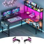 Cyclysio L Shaped Gaming Desk, Small Computer Desk with Power Outlets & LED, Reversible Game Desk with Monitor Stand & Bookshelf, Corner Office Desk with Storage Bag, for Bedroom, Office, Black
