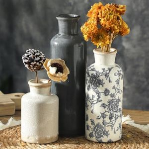 Ceramic Vintage Vase Set of 3, Vintage Flower Vases Home Decor Chinoiserie Decorative Retro Floral Vase Rustic Farmhouse Decor for Table Bookshelf Mantel Kitchen Living Room Office - Gray