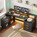 YITAHOME L Shaped Desk with 3 Drawers, 65" Corner Computer Desk with Power Outlets & LED Lights, L-Shaped Desk with File Cabinet & Printer Stand for Home Office, Black