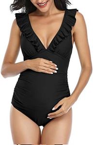 Summer Mae Ruffle Maternity Swimsuit One Piece V-Neck Pregnancy Bathing Suit Lace Up Swimwear Push Up Monokini, Black, Small