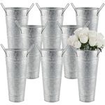 ZEONHEI 8 Pack 9 Inch Tall Galvanized Flower Bucket, Silver Farmhouse French Flower Bucket with Handle, Rustic Bucket Vintage Metal Vases for Flower, Centerpieces, Floral Wedding Arrangements