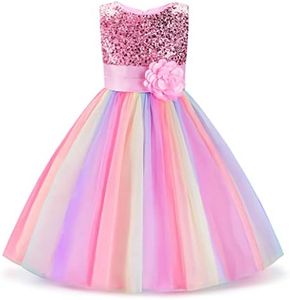 Uhnice Little Girl's Sequin Sleeveless Mesh Rainbow Dress for Wedding Party, Pink, 7-8 Years