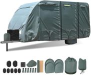 Smikodo Utility Travel Trailer RV Cover 30-33 ft,Waterproof Windproof Anti-UV,Rip-Stop Extra-Thick 6 Layers Camper Cover,RV Covers with Repari Kit,Rv Jack Cover & 4 Tire Covers Gray