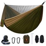 Camping Hammock, Portable Hammocks with Mosquito Net,Lightweight Nylon Parachute Hammock with 10ft Tree Straps,Camping Gear Must Haves for Travel,Hiking,Backpacking,Beach,Patio-Green&Khaki