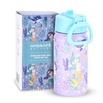 HYDRATE Stainless Steel Water Bottle Kids - 350ml Stainless Steel, Leakproof - Safe to Use - Easy Grip for Children - Double Walled - Includes Fun Design - 18 x 7.5 cm - Mermaids, White