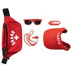 Lifeguard 6 Piece Accessories Kit - Fanny Pack First Aid Pouch w/Adjustable Waist Hip Strap, Red Sun Visor w/Adjustable Velcro Strap, Whistle & Lanyard, Red Sunglasses, Rescue Tube Float Keychain, Red