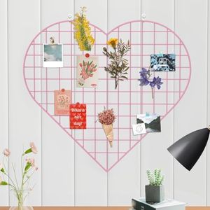ECLENYES Grid Photo Wall Panels - 22.4"x20.4" Heart Shape Iron Rack Art Wire Board, Wall Grid Organizer, DIY Photo Frame for Home, Office, Kitchen, Bedroom, Christmas Gifts - Pink