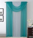 4 Panels With Attached Valances All-In-One Turquoise White Sheer Rod Pocket Curtain Panel 84 Inches Long With Crystal Beads - Window Curtains for Bedroom, Living Room or Dinning Room
