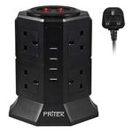 Extension Lead, PRITEK 8 Way Outlets Vertical Tower Power Strip with 4 Smart USB Charging Ports 10A/2500W 1000 Joules Surge Protector Extension Socket with 2m/6.5ft Extension Cord (Black)